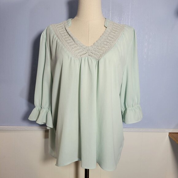 Zac & Rachel Large Light Mint Green Flutter Ruffle 3/4 Sleeve Lightweight Blouse - Picture 1 of 10
